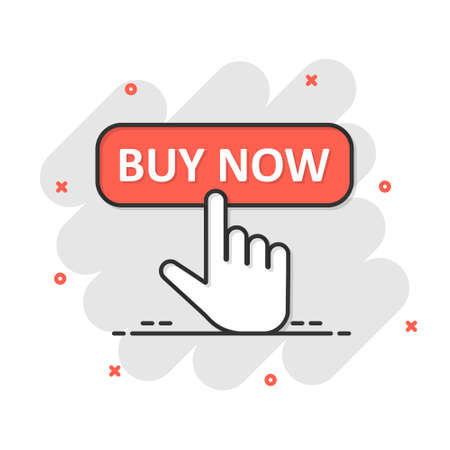 Buy now shop icon in comic style. Finger cursor vector cartoon  illustration on white isolated background. Click button business concept splash effect.のイラスト素材