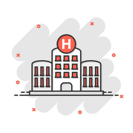 Hospital building icon in comic style. Infirmary vector cartoon illustration on white isolated background. Medical ambulance business concept splash effect.のイラスト素材