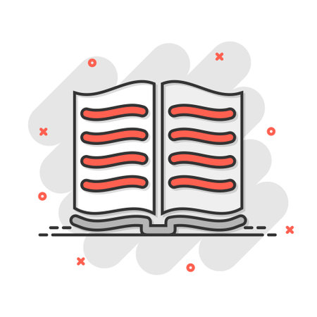 Open book icon in comic style. Literature vector cartoon illustration on white isolated background. Library business concept splash effect.のイラスト素材