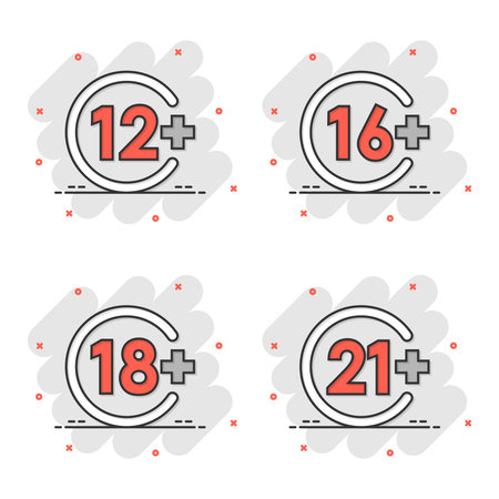 12, 16, 18, 21 plus icon in comic style. Censorship cartoon vector illustration on white isolated background. Censored splash effect business concept.のイラスト素材