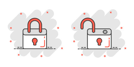 Locker icon in comic style. Padlock password cartoon vector illustration on white isolated background. Key unlock splash effect business concept.のイラスト素材