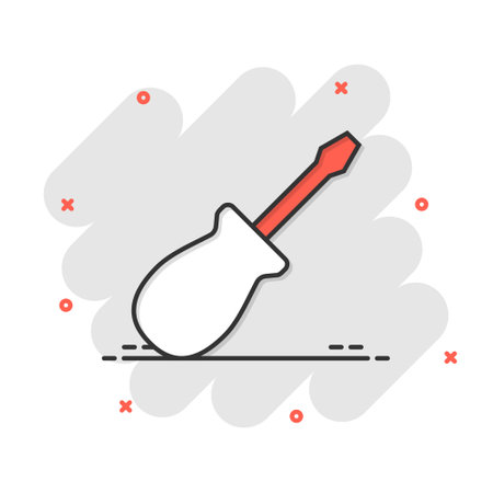 Screwdriver icon in comic style. Spanner key cartoon vector illustration on white isolated background. Repair equipment splash effect business concept.のイラスト素材