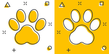 Vector cartoon paw print icon in comic style. Dog, cat, bear paw sign illustration pictogram. Animal...