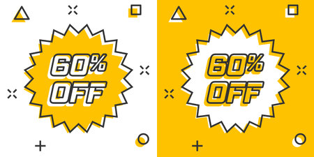 Vector cartoon discount sticker icon in comic style. Sale tag illustration pictogram. Promotion 60...