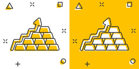 Gold stack price increase icon in comic style. Silver brick diagram cartoon vector illustration on white isolated background. Metal banking splash effect business concept.のイラスト素材