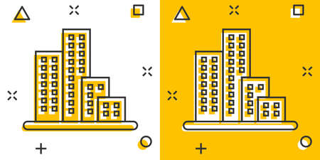Building icon in comic style. Town skyscraper apartment cartoon vector illustration on white isolated background. City tower splash effect business concept.のイラスト素材