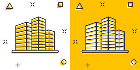 Building icon in comic style. Town skyscraper apartment cartoon vector illustration on white isolated background. City tower splash effect business concept.のイラスト素材