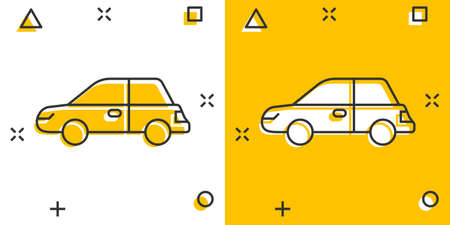 Car icon in comic style. Automobile vehicle cartoon vector illustration on white isolated background. Sedan splash effect business concept.のイラスト素材