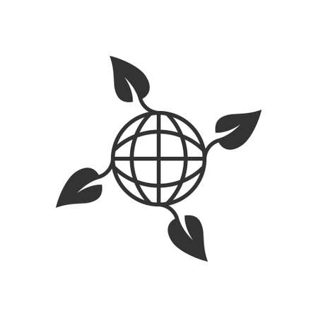 Planet and leaf icon in flat style. World and eco vector illustration on white isolated background. Globe and organic business concept.のイラスト素材
