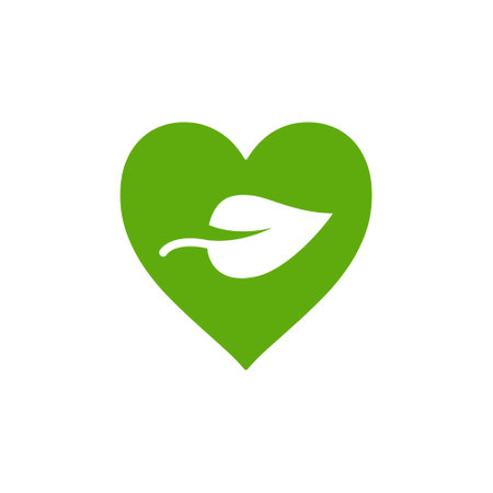 Heart and leaf icon in flat style. Vegan friendly vector illustration on white isolated background. Nature love sign business concept.のイラスト素材