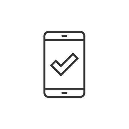 Phone check mark icon in flat style. Smartphone approval vector illustration on white isolated background. Confirm business concept.のイラスト素材