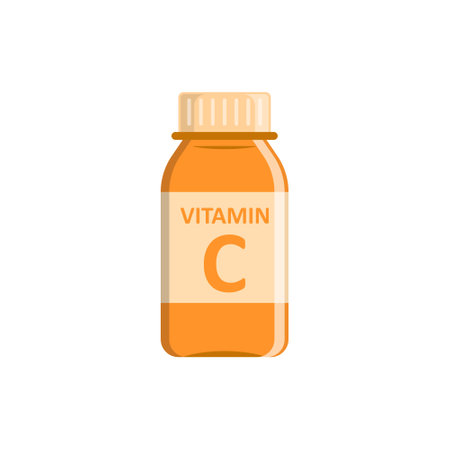 Vitamin C icon in flat style. Bottle with pill vector illustration on white isolated background. Pharmacy sign business concept.のイラスト素材