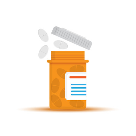 Pill bottle icon in flat style. Medical capsules vector illustration on white isolated background. Pharmacy sign business concept.のイラスト素材