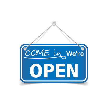 Come in we are open icon in flat style. Schedule on door vector illustration on white isolated background. Welcome sign business concept.のイラスト素材