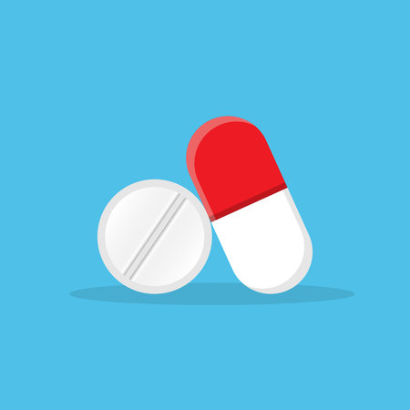 Pill icon in flat style. Medical capsules vector illustration on blue isolated background. Pharmacy...