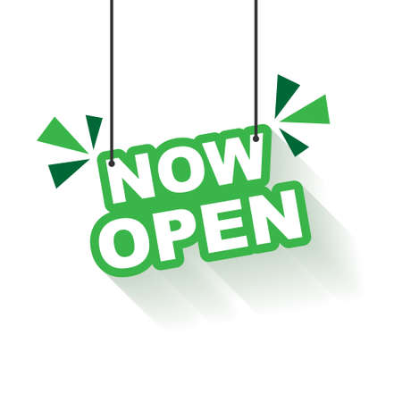 Now open notice icon in flat style. Schedule label with megaphone vector illustration on white isolated background. Come bullhorn sign business concept.のイラスト素材