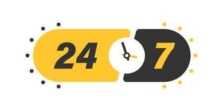 24 7 hours service icon in flat style. All day business and service vector illustration on isolated...