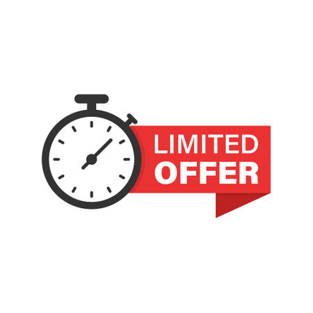Limited offer label icon in flat style. Discount banner with clock vector illustration on isolated background. Sale sign business concept.のイラスト素材