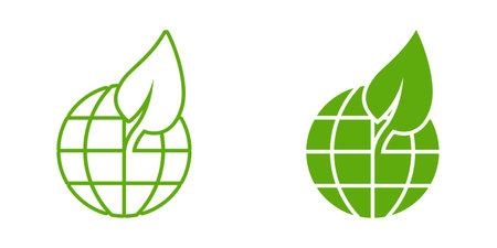 Planet and leaf icon in flat style. World and eco vector illustration on white isolated background. Globe and organic business concept.のイラスト素材