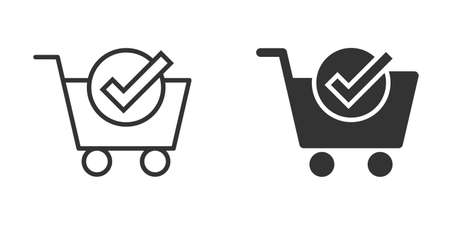 Shopping cart check mark icon in flat style. Buy approval vector illustration on white isolated background. Confirm business concept.のイラスト素材