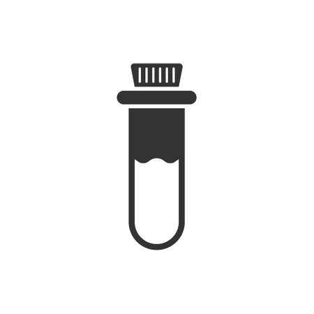 Blood in test tube icon in flat style. Laboratory flask vector illustration on isolated background. Liquid in beaker sign business concept.のイラスト素材