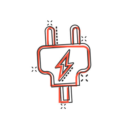 Electric plug icon in comic style. Power adapter cartoon vector illustration on white isolated...