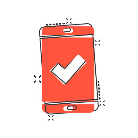Phone check mark icon in comic style. Smartphone approval cartoon vector illustration on white isolated background. Confirm splash effect business concept.のイラスト素材