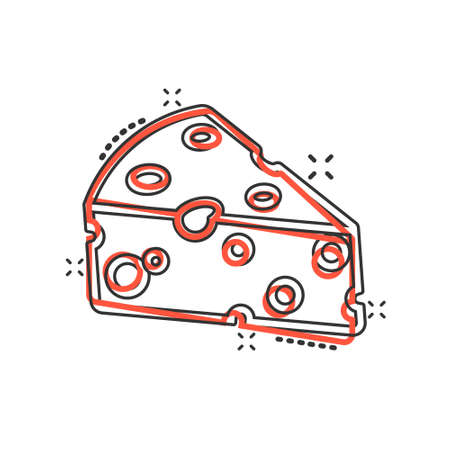 Cheese slice icon in comic style. Milk food cartoon vector illustration on isolated background. Breakfast splash effect sign business concept.のイラスト素材
