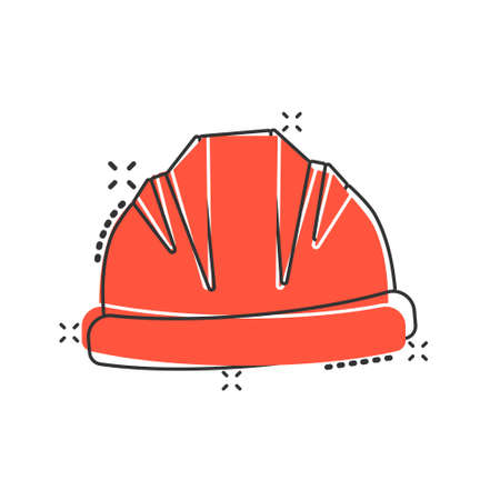 Construction helmet icon in comic style. Safety cap cartoon vector illustration on isolated background. Worker hat splash effect sign business concept.のイラスト素材