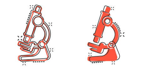 Microscope icon in comic style. Laboratory magnifier cartoon vector illustration on isolated background. Biology instrument splash effect sign business concept.のイラスト素材