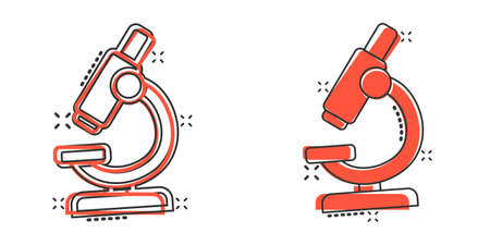 Microscope icon in comic style. Laboratory magnifier cartoon vector illustration on isolated background. Biology instrument splash effect sign business concept.のイラスト素材