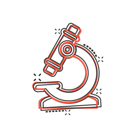 Microscope icon in comic style. Laboratory magnifier cartoon vector illustration on isolated background. Biology instrument splash effect sign business concept.のイラスト素材