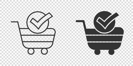 Shopping cart check mark icon in flat style. Buy approval vector illustration on white isolated background. Confirm business concept.のイラスト素材