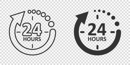 24 hours service icon in flat style. All day business and service vector illustration on isolated background. Quick service time sign business concept.のイラスト素材
