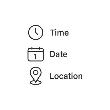 Date, time, location icon in flat style. Event message vector illustration on isolated background. Information sign business concept.のイラスト素材