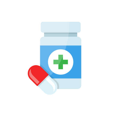 Pill bottle icon in flat style. Medical capsules vector illustration on white isolated background. Pharmacy sign business concept.のイラスト素材