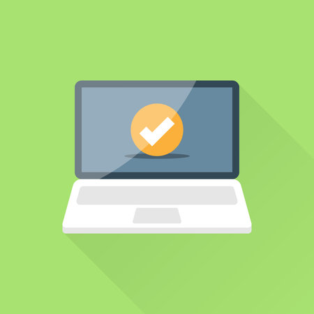 Laptop with checkmark notification icon in flat style. Approved choice vector illustration on isolated background. Notebook checkmark sign business concept.のイラスト素材
