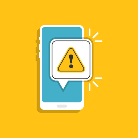 Phone notifications icon in flat style. Smartphone with exclamation point vector illustration on...
