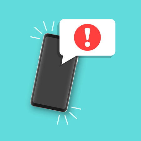 Phone notifications icon in flat style. Smartphone with exclamation point vector illustration on...