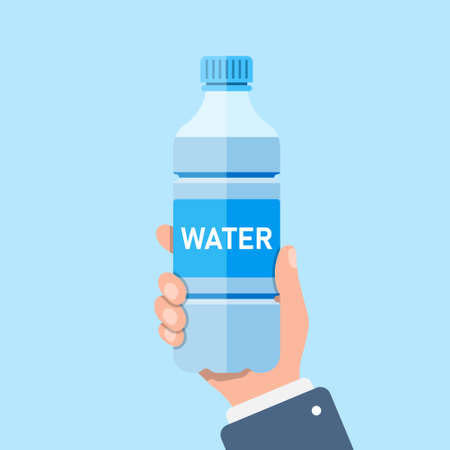 Water bottle in hand icon in flat style. Fitness drink vector illustration on isolated background. Healthy beverage sign business concept.のイラスト素材