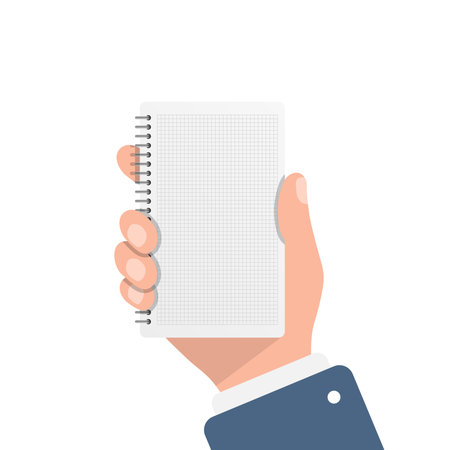 Notebook in hand illustration in flat style. Paper sheet vector illustration on isolated background. Page sign business concept.のイラスト素材