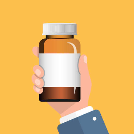 Pill bottle in hand illustration in flat style. Medical capsules vector illustration on white isolated background. Pharmacy sign business concept.のイラスト素材