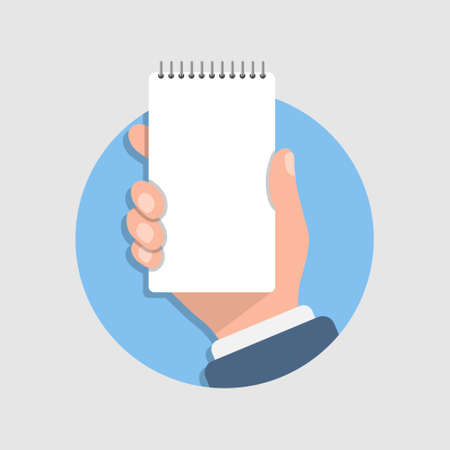 Notebook in hand illustration in flat style. Paper sheet vector illustration on isolated background. Page sign business concept.のイラスト素材