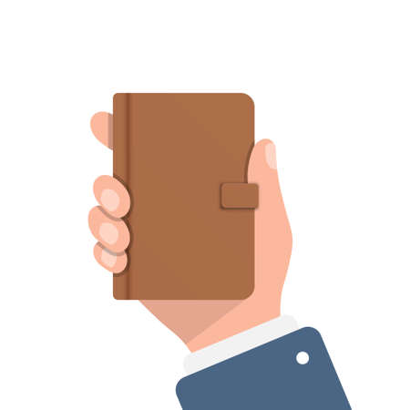 Diary in hand illustration in flat style. Notebook vector illustration on isolated background. Notepad sign business concept.のイラスト素材