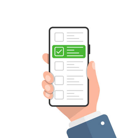 Online form survey in hand illustration in flat style. Mobile questionnaire vector illustration on isolated background. Checklist on phone screen sign business concept.のイラスト素材