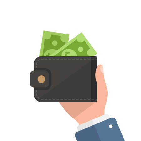 Wallet with money in hand illustration in flat style. Online payment vector illustration on isolated background. Cash and purse sign business concept.のイラスト素材