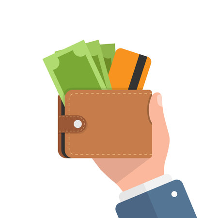 Wallet with money in hand illustration in flat style. Online payment vector illustration on isolated background. Cash and purse sign business concept.のイラスト素材