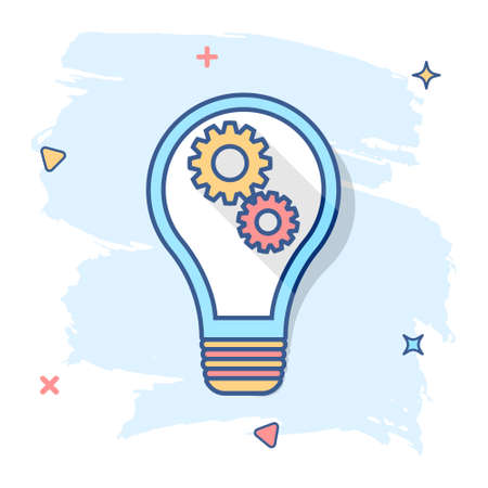 Cartoon light bulb with gear icon in comic style. Idea illustration pictogram. Lamp sign splash business concept.のイラスト素材