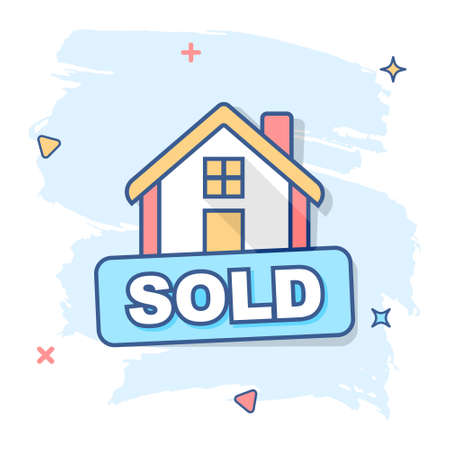 Cartoon sold house icon in comic style. Home illustration pictogram. Sale sign splash business concept.のイラスト素材