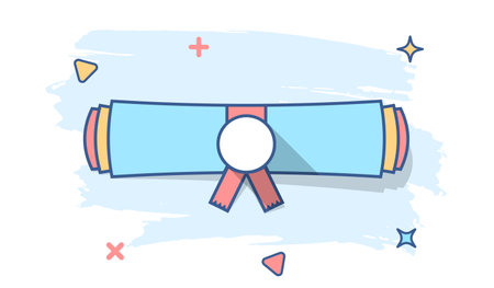 Cartoon diploma rolled scroll icon in comic style. Graduate scroll sign illustration pictogram. Education business concept.のイラスト素材